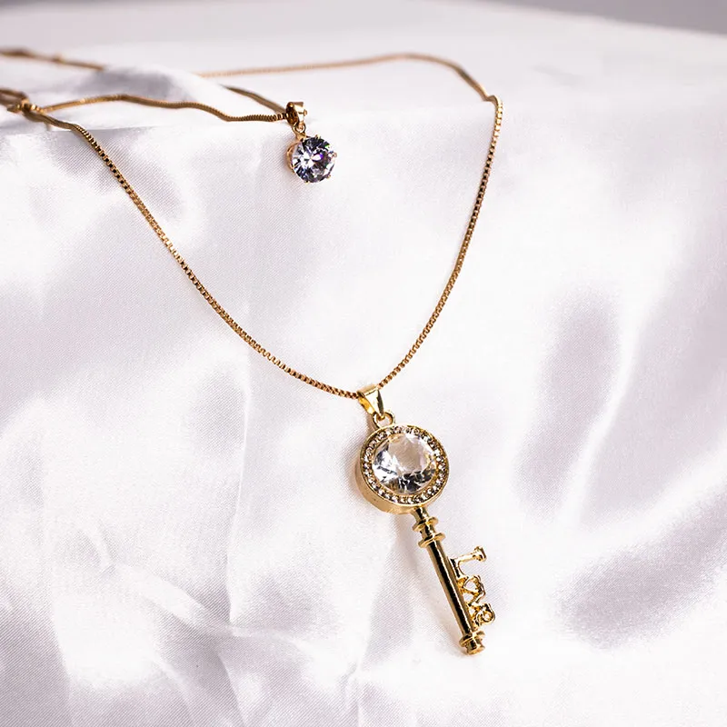 Chains 2023 Necklace Ornament Gentle Temperament Key Shiny Set Two-piece Stylish Round Pendant Gift For Women_voghion.com