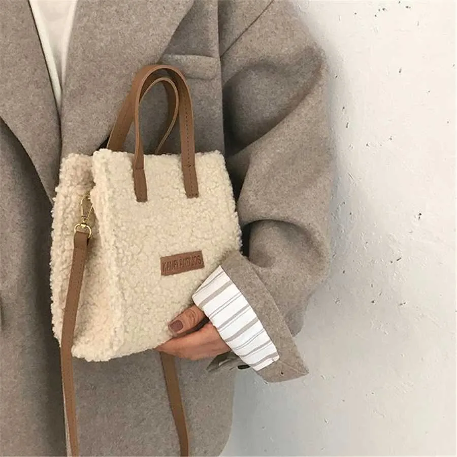 2023 Women Winter Shoulder Bag Lamb Wool Warm Soft Autumn Ins Square Cross-body Portable Casual Beige Khaki Girls Preppy_voghion.com
