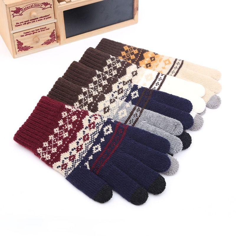 Höst Vinter Vuxen Varm Jacquard stickad Toucreen garn och Veet Anti Cold Finger Handskar_voghion.com