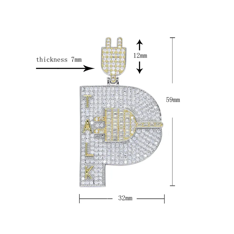 Chaînes Plaqué Or Hip Hop Hommes Bijoux Micro Pave Iced Out Bling Cubique Zircone Pavé Lettre P Forme Talk Plug Pendentif_voghion.com