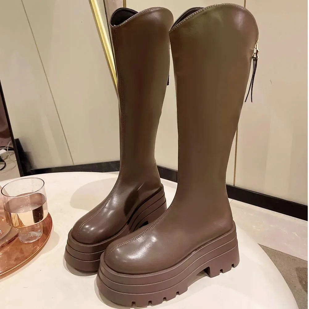 Women's Motorcycle Knee High Boots With Platform Sole, Winter Style_voghion.com