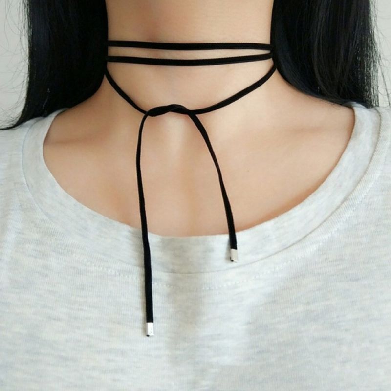 Collana lunga in corda Veets gotica coreana alla moda da donna, con fiocco nero, girocollo semplice, gioiello regolabile_voghion.com