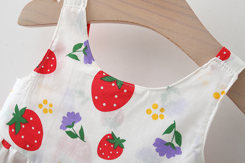 Vestido para niña con estampado de fresas y lazo, ropa de playa para bebé, sombrero incluido_voghion.com