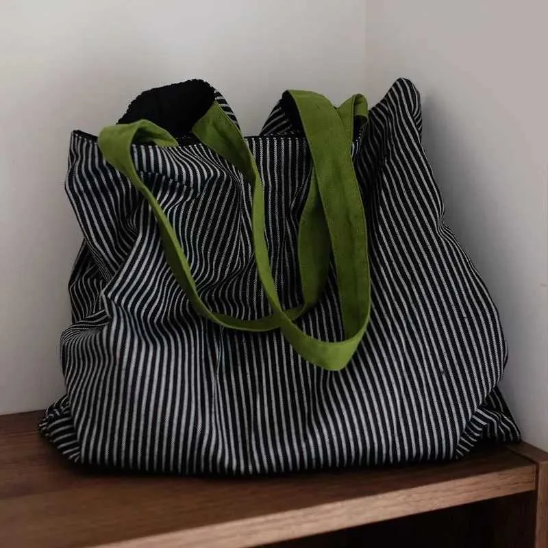 Borsa a tracolla semplice a righe in tela con design a doppio strato, grande capacità, pieghevole, da viaggio sC241031_voghion.com