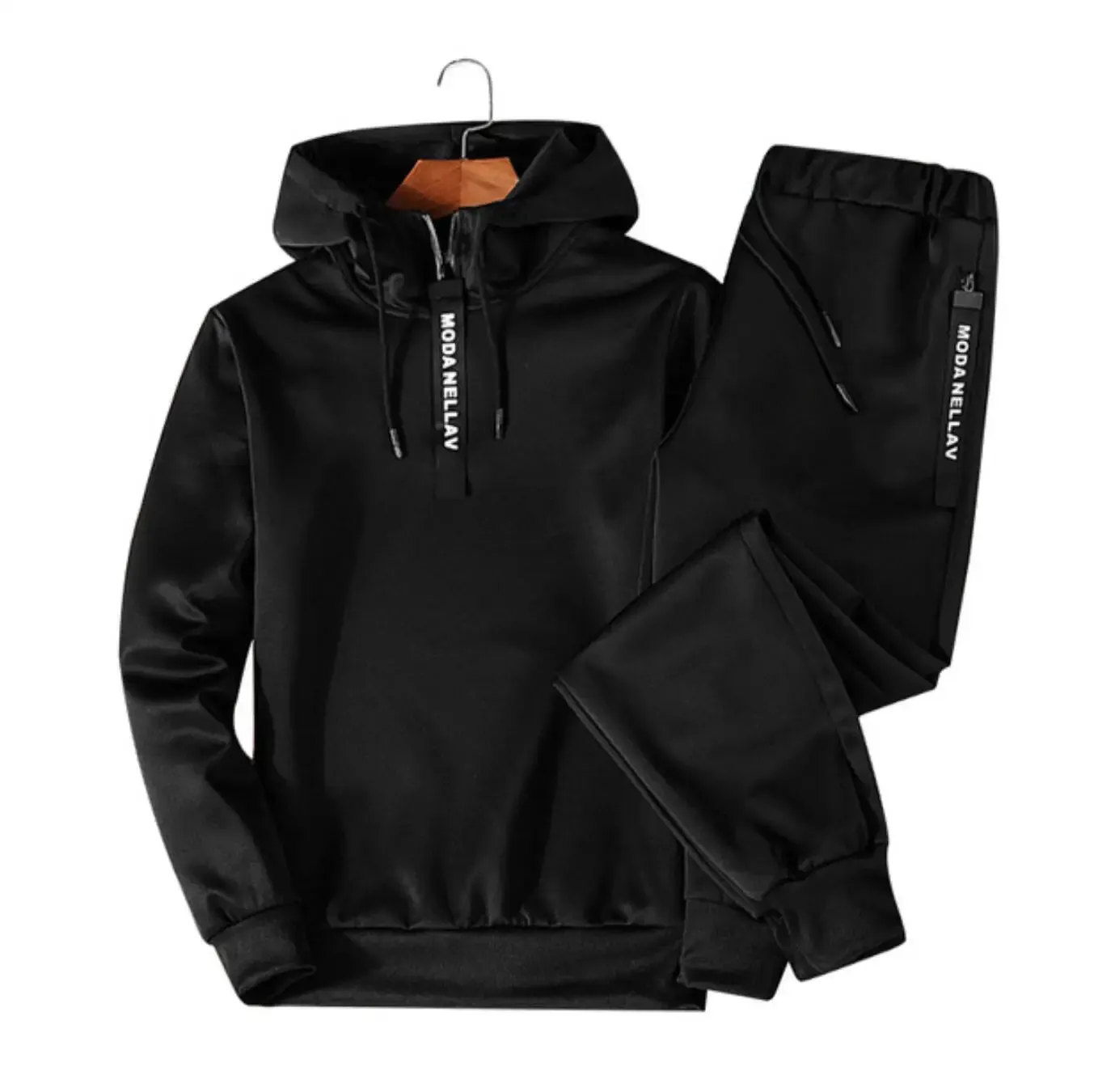 Set di abbigliamento sportivo da uomo tinta unita, patchwork con cerniera, trapuntato da uomo, felpa con cappuccio casual primaverile, felpe con cappuccio, 2 pezzi + pantaloni da jogging_voghion.com