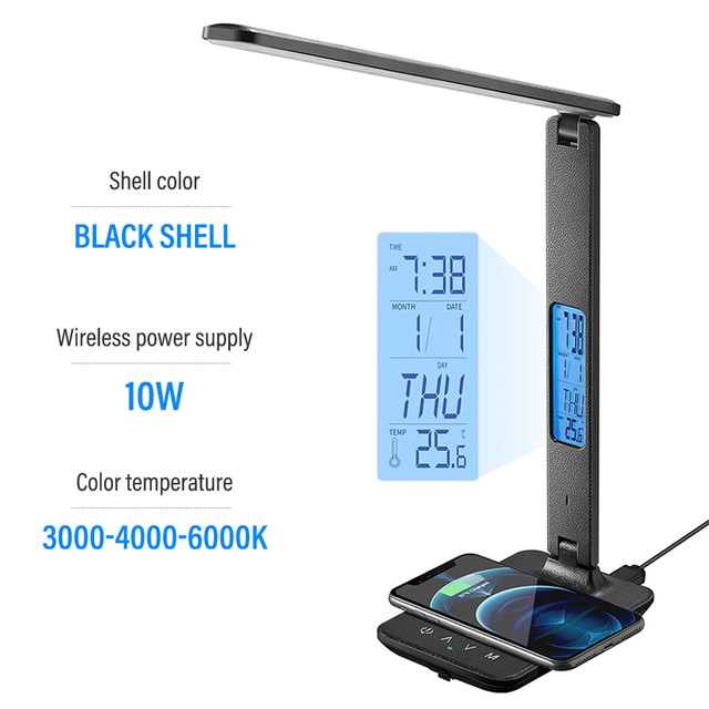 Lampada da tavolo a LED 10W QI Ricarica wireless con orologio Data Sveglia Dimmerabile Protezione degli occhi Lampada da tavolo per lettura per ufficio Studio_voghion.com
