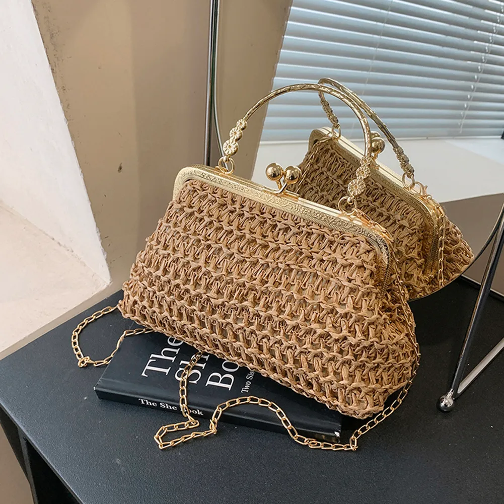 Borsa a tracolla intrecciata estiva con catena, da donna, semplice, con texture, per cena, festa, casual, elegante, alla moda, portatile, da sera_voghion.com