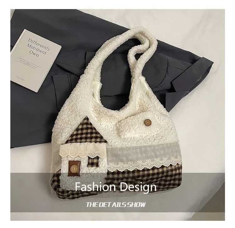 Womens Cute Fleece Patchwork Cartoon Pattern Solid Plush Shoudler Bag Large Capacity Female Commute Veet Handle_voghion.com
