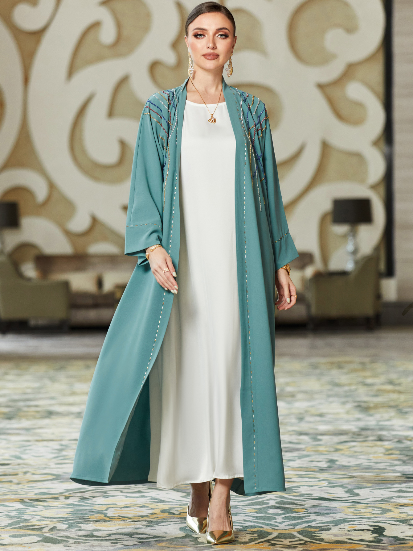 Vêtements pour femmes, robe en diamant cousue à la main avec cardigan, vêtements pour femmes arabes_voghion.com