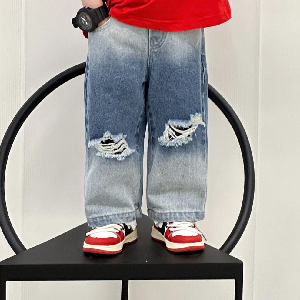 Jeans déchirés pour mères et enfants, pantalons à jambes larges et droites progressives, pour garçons et filles, tendance de la mode_voghion.com