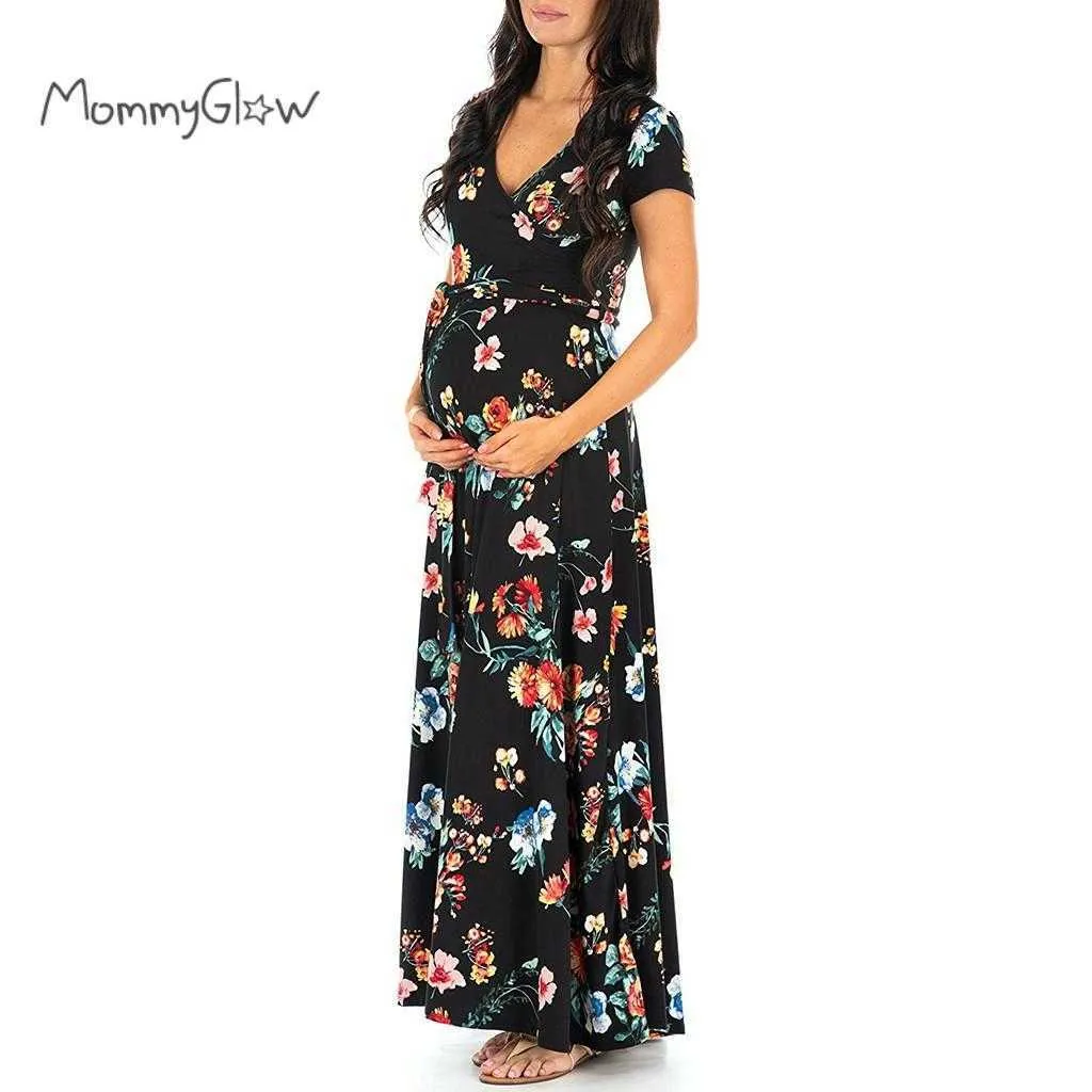 Women's Long Dress Prom Clothes Floral Printed V Neck Summer Pregnancy Dresses For Pregnant Women Maternity Clothing_voghion.com
