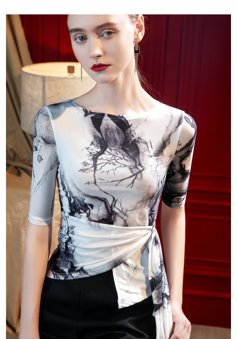 Abbigliamento da donna estate nuovo stile maglia stampata top irregolare elegante cinturino in vita bella piccola maglietta_voghion.com