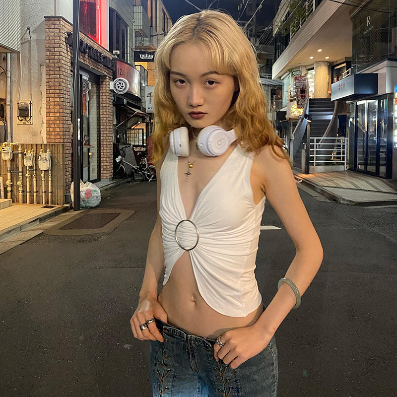 Q22TP273 Summer New 2024 Solid Color Pullover Sleeveless Pleated Open Navel Casual Women's Tank Top_voghion.com