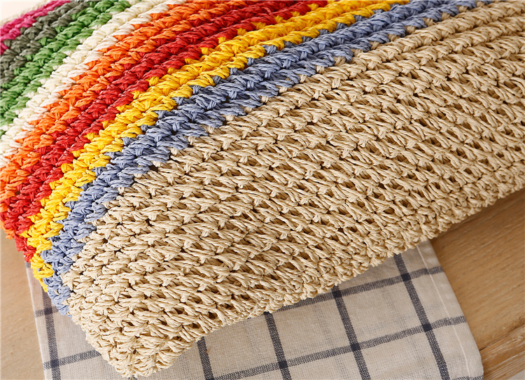 Neue kontrastierend gestreifte Einzelschultertasche aus gewebtem Papier Regenbogen-Stil, Strandtasche, Damentasche im_voghion.com