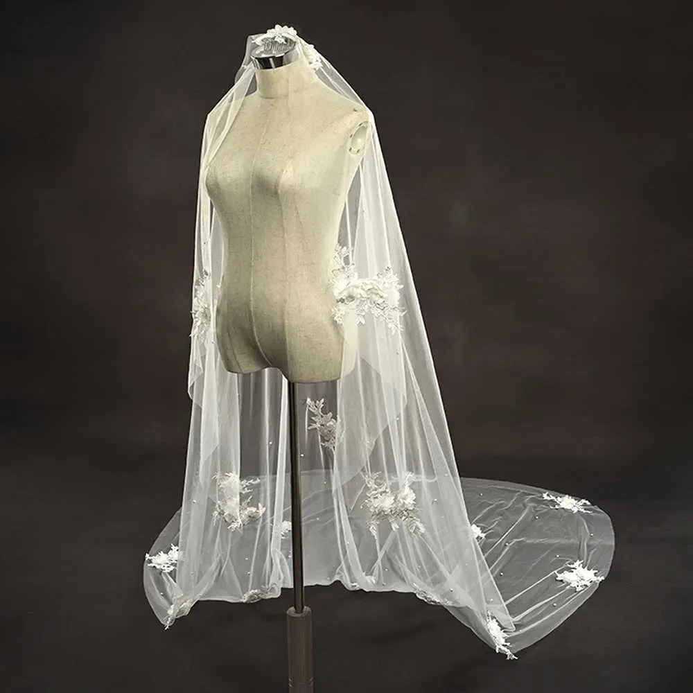 Hair Jewelry 3D Flowers Bridal Veils Pearls Veil 1 Tier Long Cathedral Veu With Comb Wedding Accessories For Bride VP56_voghion.com