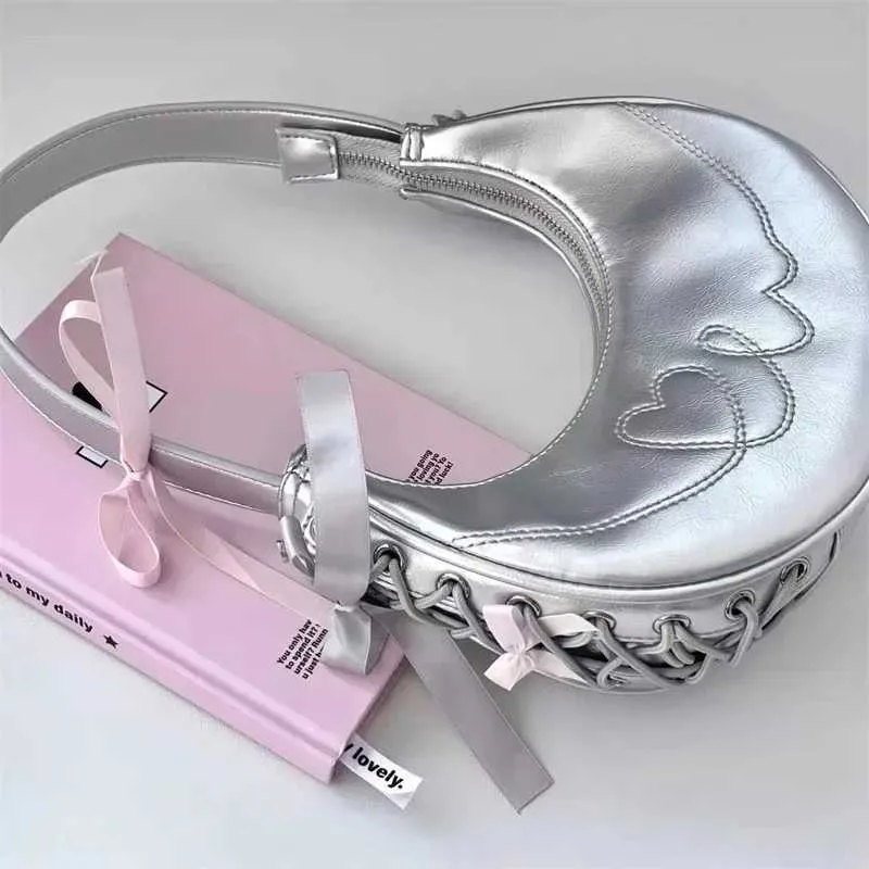 Y2K Vintage Koreanische Sier Schulter Halbmond Kleine Brieftasche Damen Handtasche Unterarm Taschen Geldbörsen Handtaschen WomenC241210_voghion.com