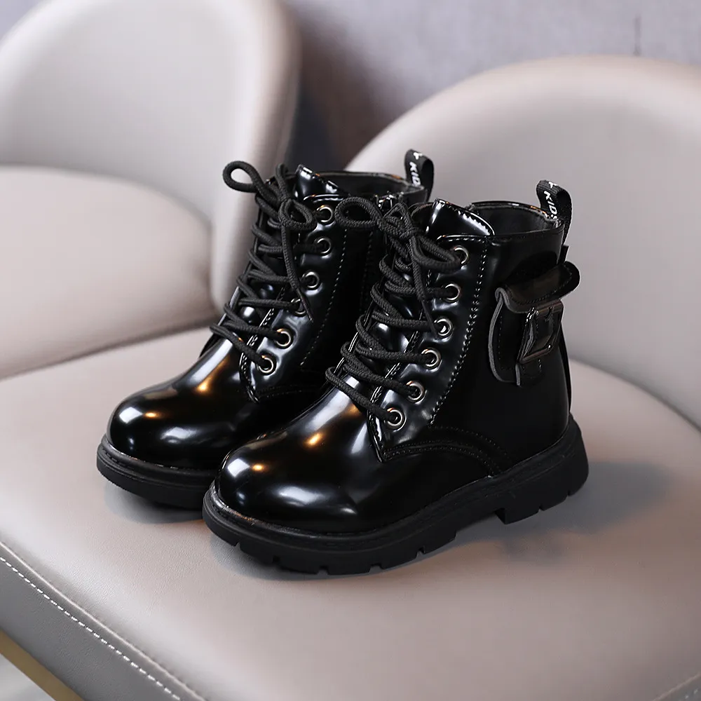 Botas cortas de piel lacada para niña, zapatos para niño, otoño invierno 2024, talla 21_voghion.com