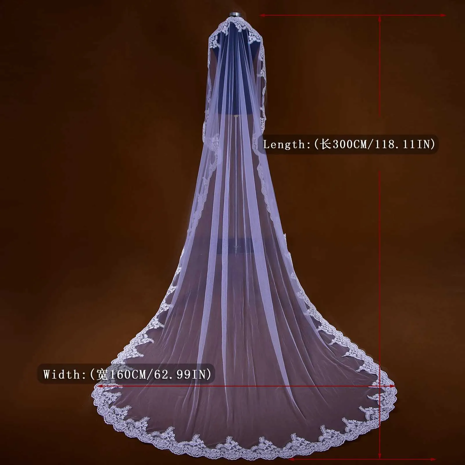 Gioielli per capelli MZA49 Velo da cattedrale lungo con applicazioni in pizzo e bordo in tulle morbido, accessori per abito da sposa_voghion.com