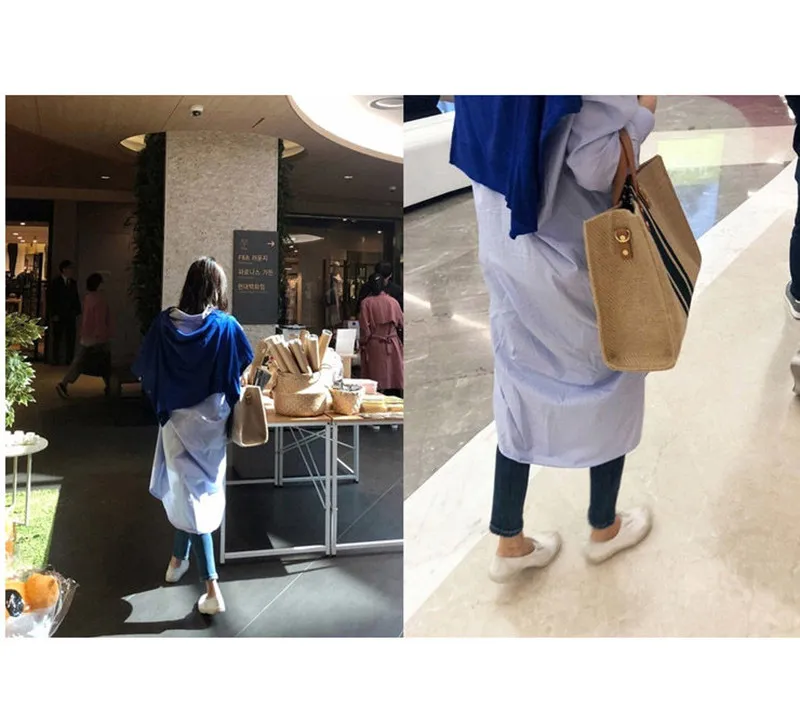 Borsa a mano da donna, semplice, alla moda, di grande capacità, vintage, a righe, portatile, stile coreano._voghion.com