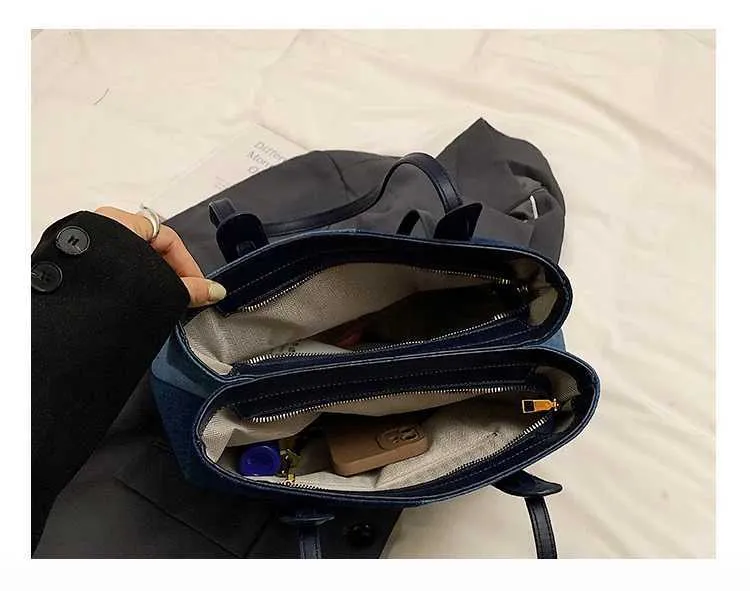 Borsa a mano in denim retrò da donna, a contrasto, con colori a contrasto, grande capacità, borsa a tracolla da viaggio, versatile, in PU, con toppa_voghion.com