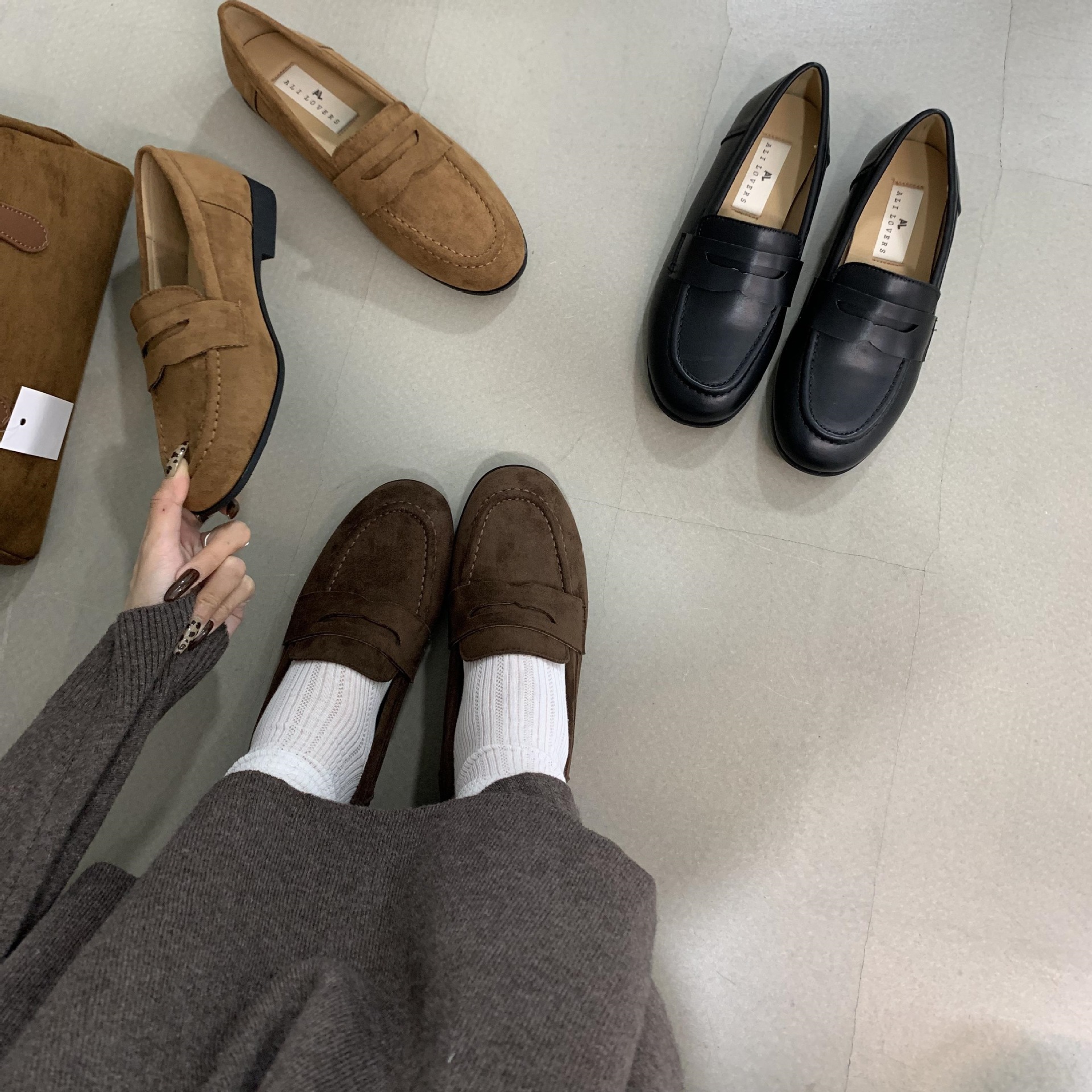 ALILOVER Women's Loafers New British Style Slip-On Round Toe Chunky Heel Suede Single Shoes