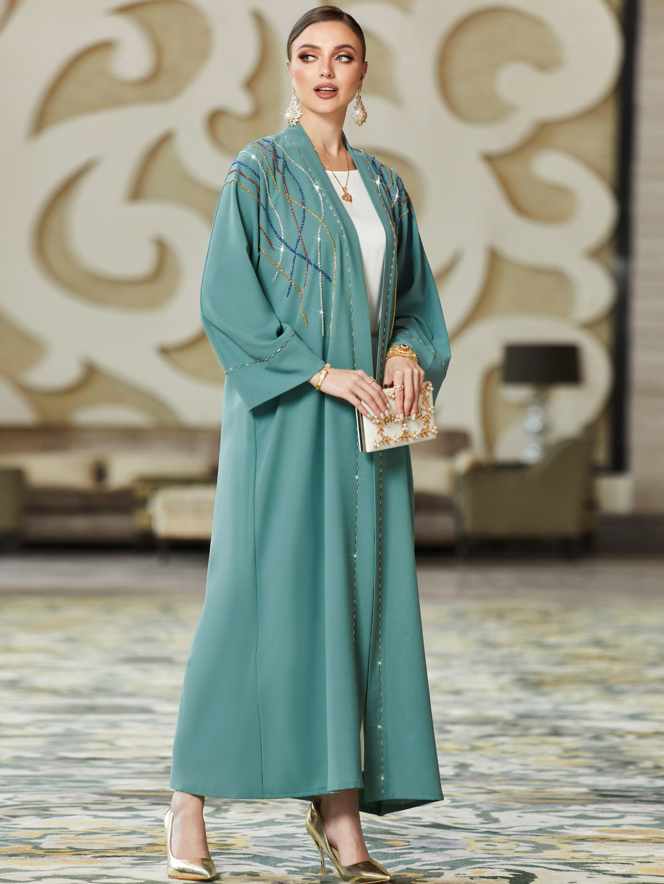 Vêtements pour femmes, robe en diamant cousue à la main avec cardigan, vêtements pour femmes arabes_voghion.com