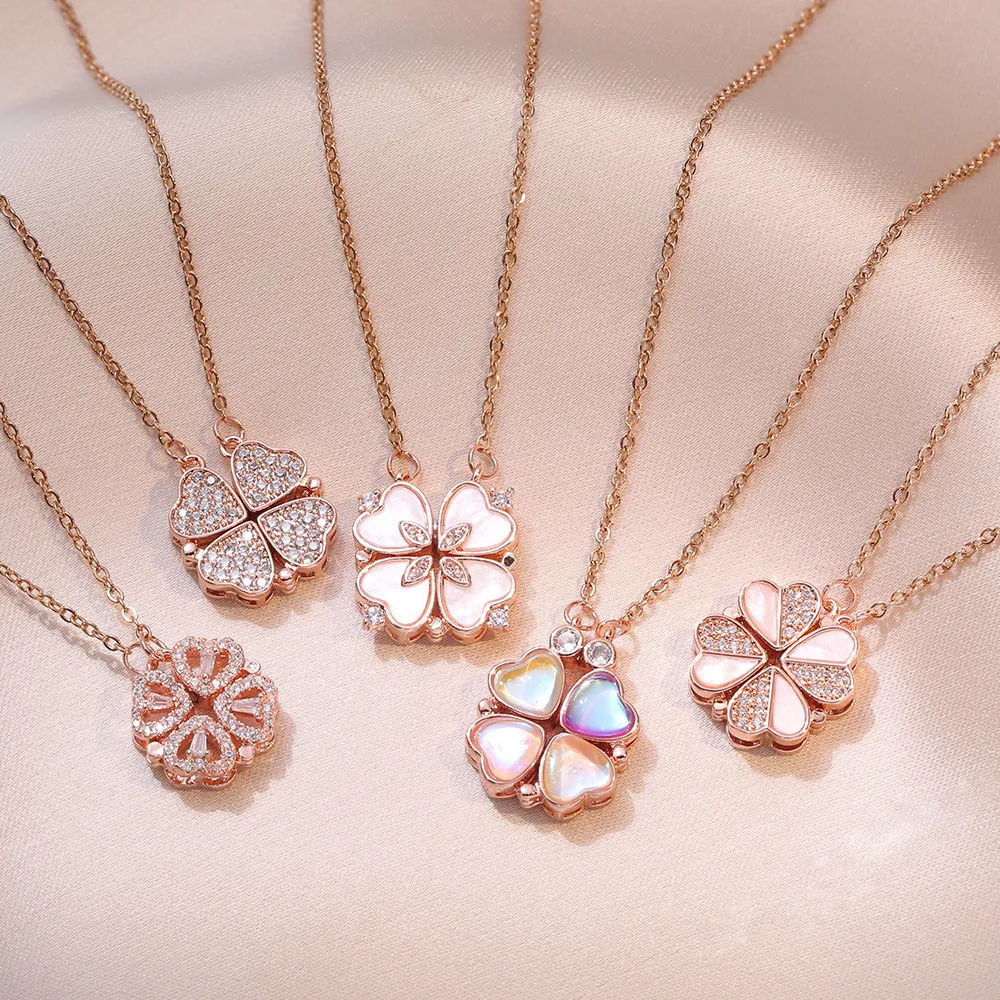 Collane vintage con quadrifoglio portafortuna per donna, stile gotico, ciondolo a forma di cuore, collana girocollo con catena in acciaio inossidabile._voghion.com