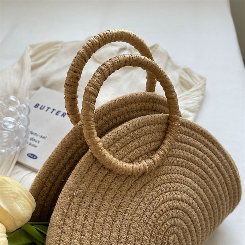 Women's Straw Solid Color Classic Style Weave Pillow Shape Open Beach Bag_voghion.com