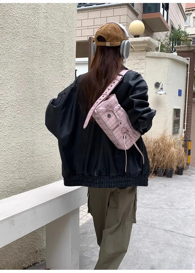 MBTI Plaid Pink Damen Schultertasche Plissee Lässig Süße Niedliche Mode Lederhandtasche Literarische Exquisite Achseltasche 240827_voghion.com