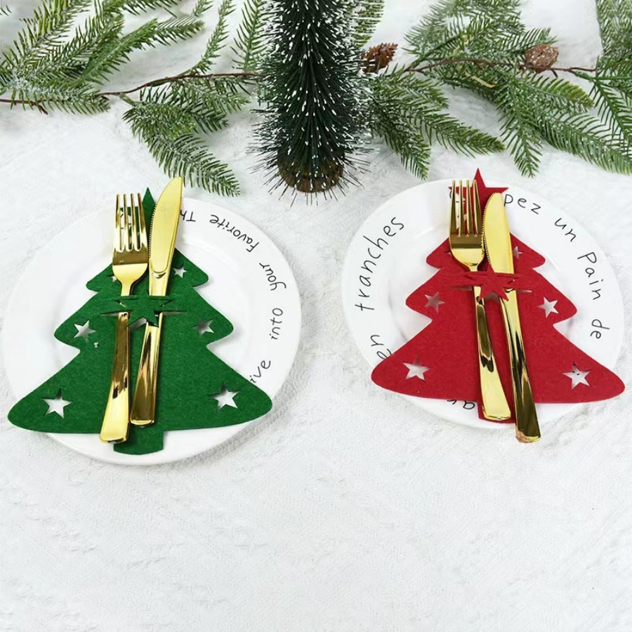 Lot de 4 porte-couverts en feutre pour sapin de Noël, décoration à suspendre pour couverts, table de fête, dîner, cuisine, set de table, dessous de verre_voghion.com