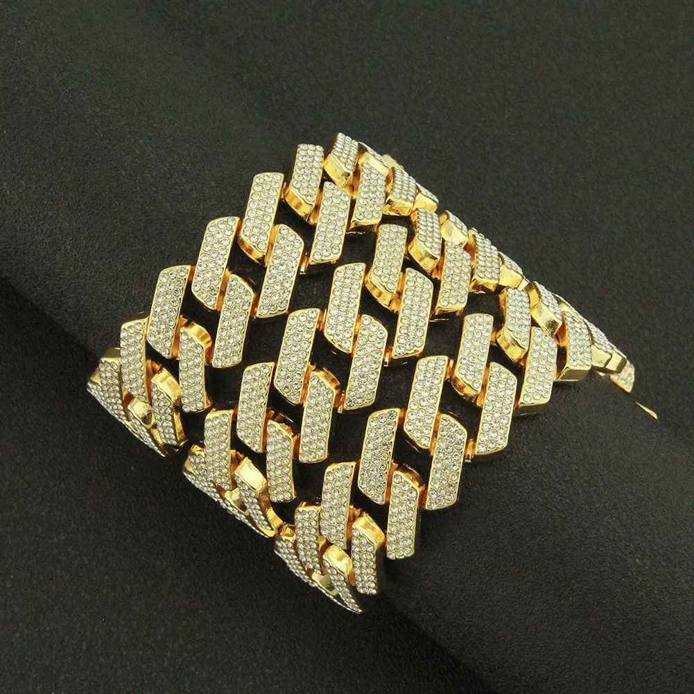 Set di bracciali a catena a maglie cubane, collana in metallo placcato oro pesante con zirconi per ragazzi e ragazze, design con fibbia, gioielli alla moda_voghion.com