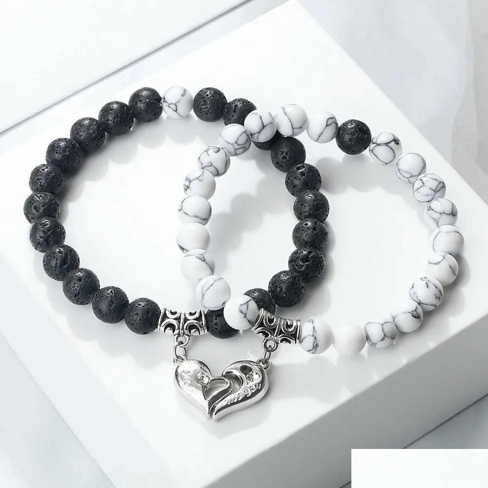 2 Stéck/Set Häerzfërmeg Magnéitesch Koppelarmbänner aus Natursteenperlen, charmant Magnete, passend Kaddoe fir Léifsten_voghion.com