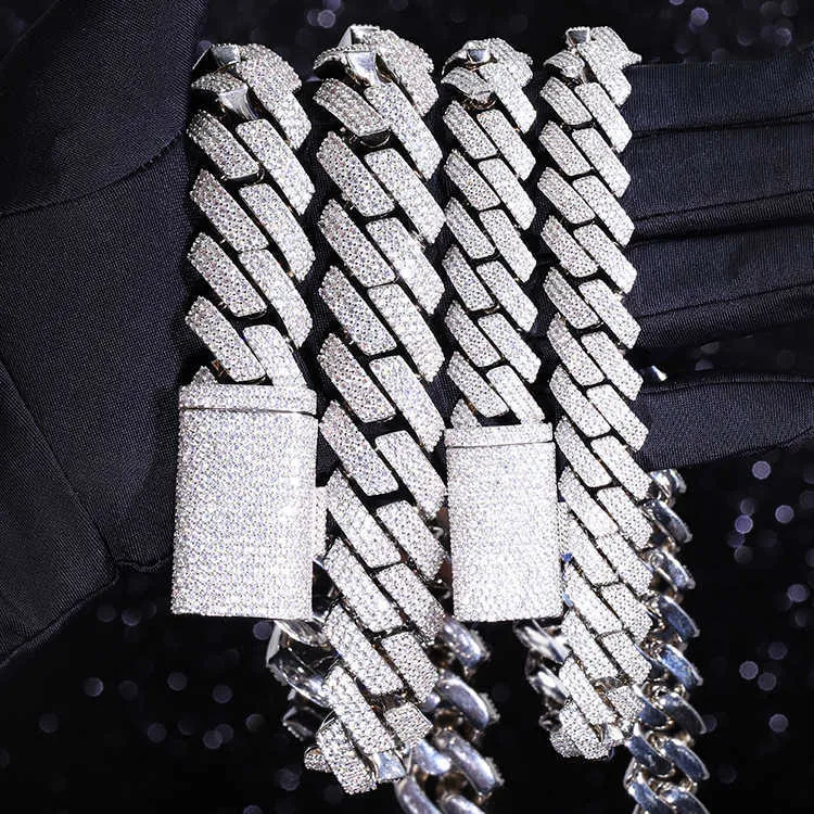 Heavy Sier 15mm 20mm 3rivinen kuubalainen ketjukaulakoru valkokullattu Moissanite Diamond Link_voghion.com