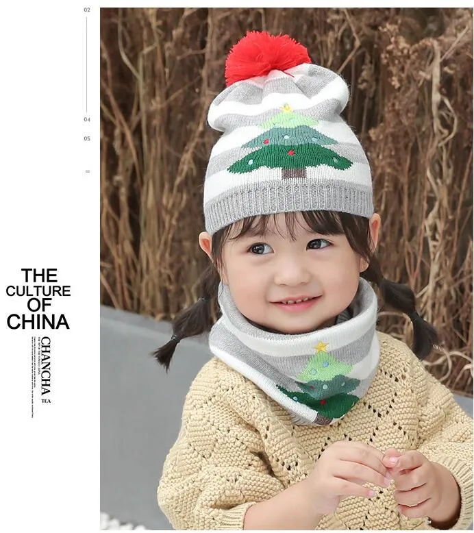 Presente de Natal Quente Gorro Chapéu Conjunto de Duas Peças Bebê Menino e Menina Crianças Quentes Malha Chapéu de Inverno Cachecol de Pescoço para 1-5 Anos_voghion.com