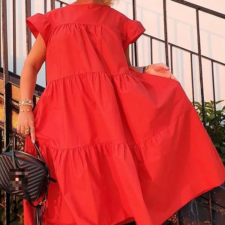 Dam boho sommarklänning veckad lång lös plus size vit_voghion.com