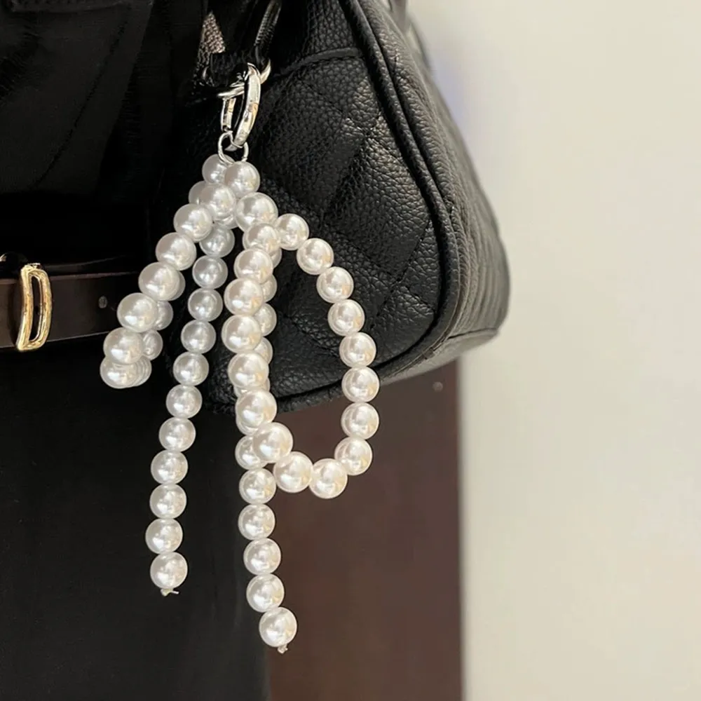 Portachiavi coreano Y2K con perline, fatto a mano, a forma di fiocco, portachiavi a forma di cuore, ornamento con perle, decorazione per borse e telefoni_voghion.com