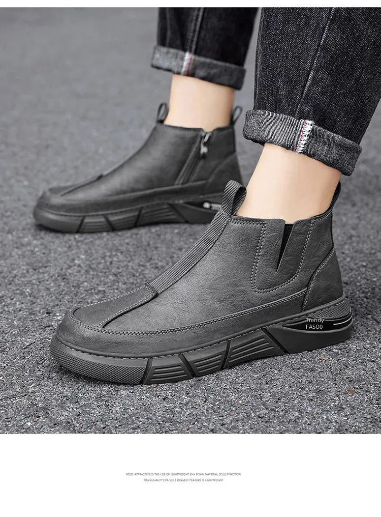 Tendance mode printemps bottes de travail anglaises haut de gamme chaussures décontractées mi-mollet polyvalentes pour hommes matériau PU imperméable 240629_voghion.com