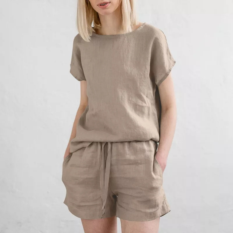 Women's spring short-sleeved urban cotton and linen brown retro fashion casual solid color tops and shorts set_voghion.com