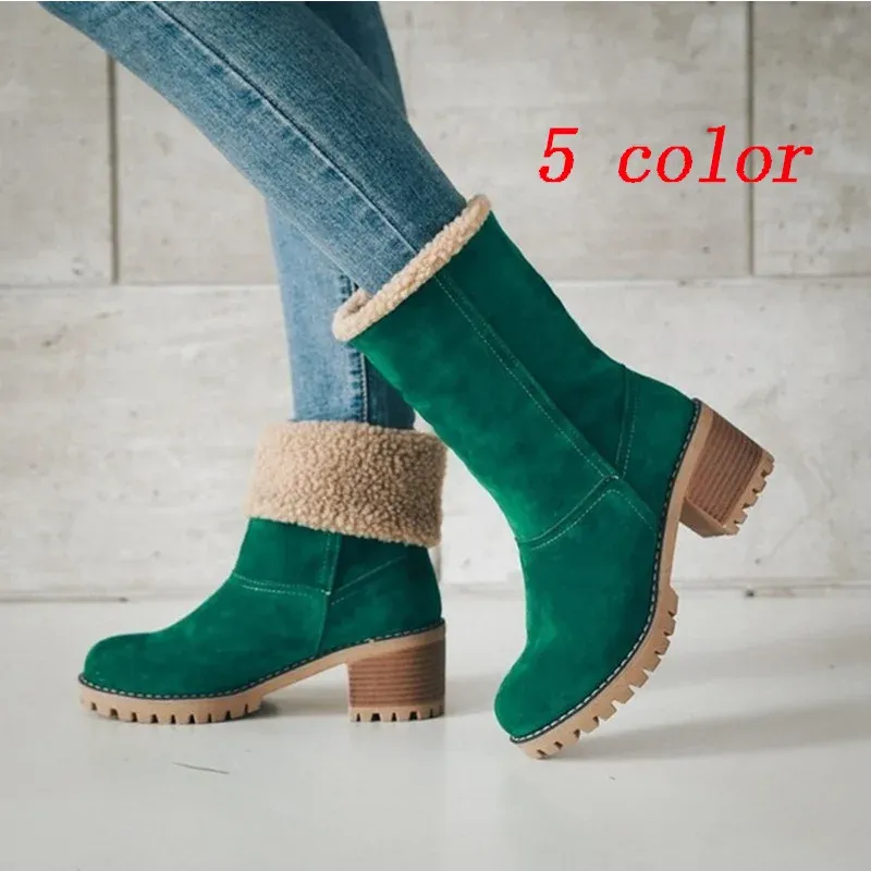 Autumn and Winter Fashion New Casual Comfortable Plus Veet Warm Square Heel Round Toe Solid Color Women's Ankle_voghion.com