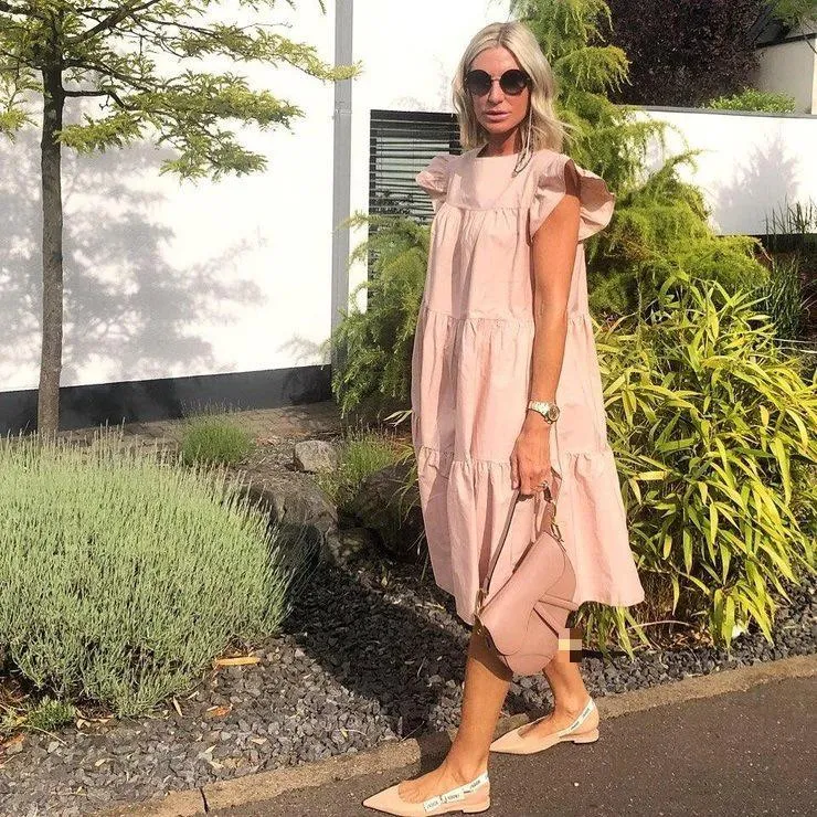 Dam boho sommarklänning veckad lång lös plus size vit_voghion.com
