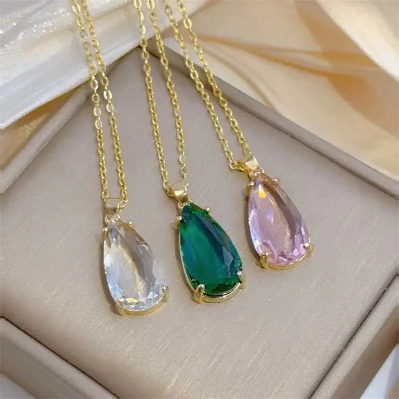 Collane con ciondolo alla moda, squisita, goccia d'acqua, collana di gioielli trasparenti, classica personalità, leggera, in acciaio inossidabile_voghion.com