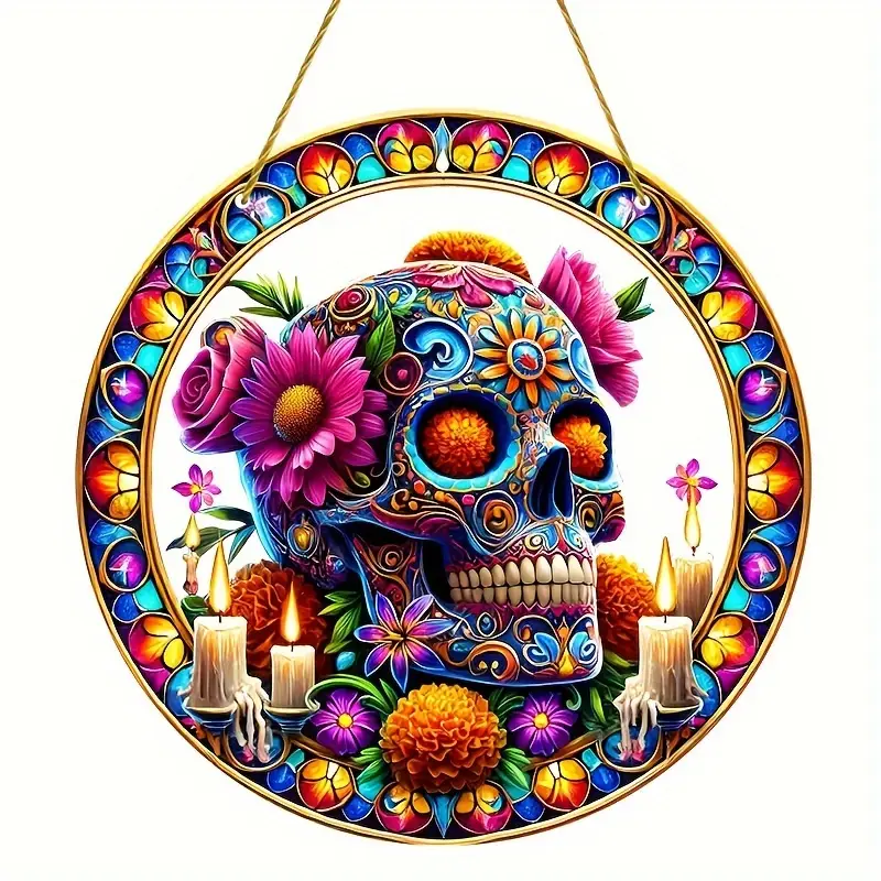 Vibrant Sugar Skull Suncatcher - 9" Stained Acrylic Art. Festive Decor For Dia De Muertos Celebrations Or Cafe Spaces._voghion.com