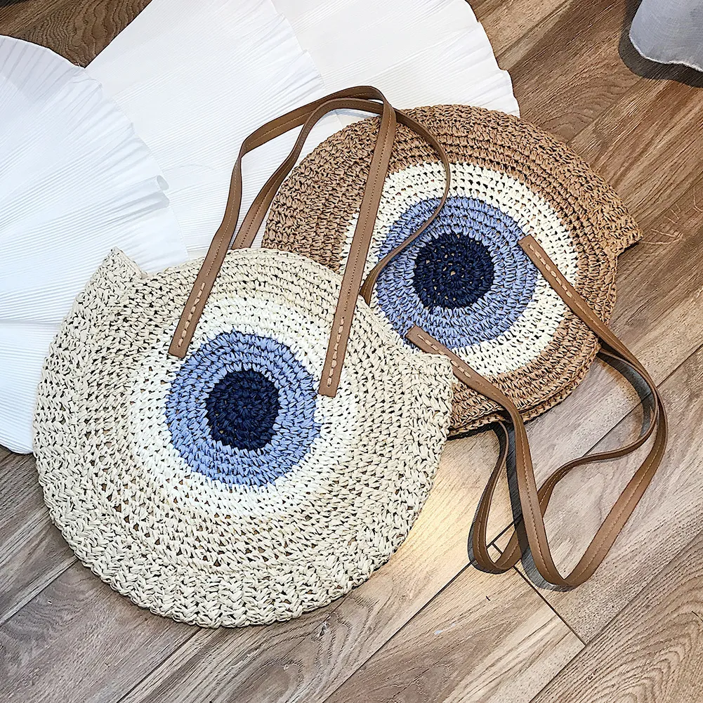 Borsa a tracolla rotonda estiva da donna in rattan intrecciato, in paglia, fatta a mano, da spiaggia, per la spesa, con manico superiore_voghion.com