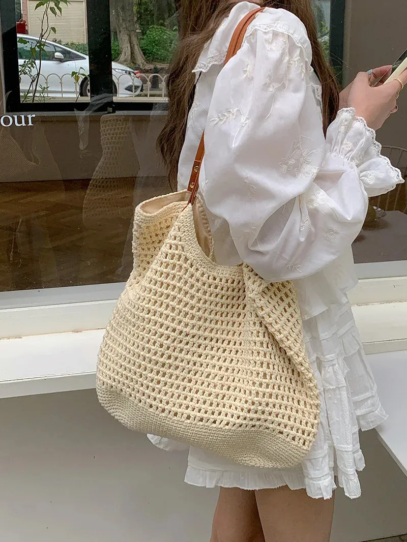 Sac à bandoulière de plage creux tissé grande capacité vacances portable affaires loisirs shopping simple joker haut sens_voghion.com