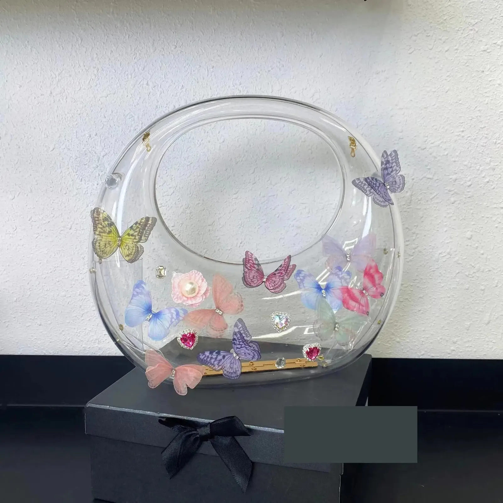 Borsa a tracolla in acrilico con decorazione a farfalla da donna, trasparente, per matrimonio, sera, festa, borsa rotonda 2024, borsa a mano 240907_voghion.com
