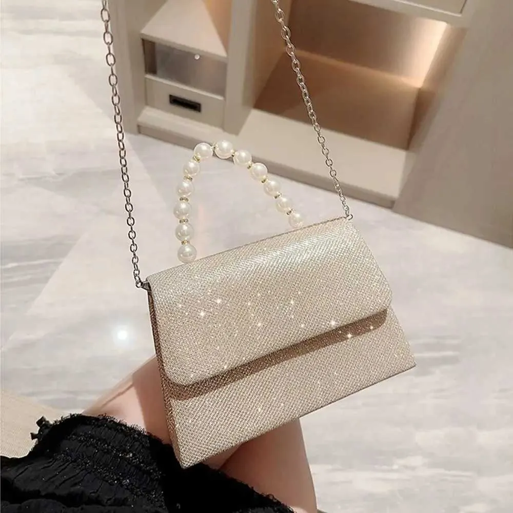Sacs à bandoulière en chaîne de perles Sac à main Sac de soirée en soie brillante dorée Femmes Élégant Mode Banquet Pochette Femme Handba241108_voghion.com