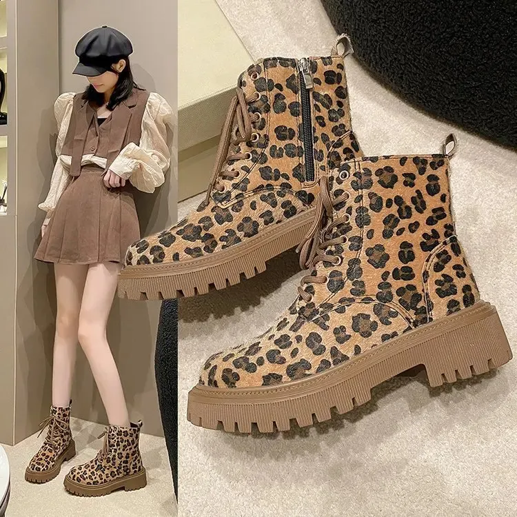 Leopard Pattern Ankle Boots For Women Winter Platform Shoes_voghion.com