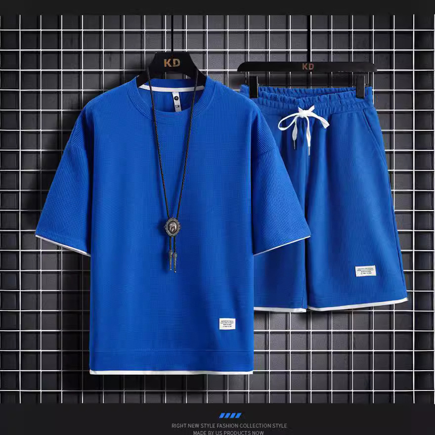 Men's Clothing Waffle T-shirt men's two-piece suit couple loose trendy large size five-point pants outdoor casual_voghion.com