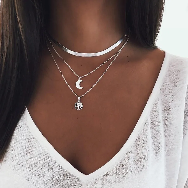 Collane Sterling Sier Triplo strato Collana Luna Pendente Choker Festa Compleanno Regalo Donna Moda Gioielli 230426_voghion.com