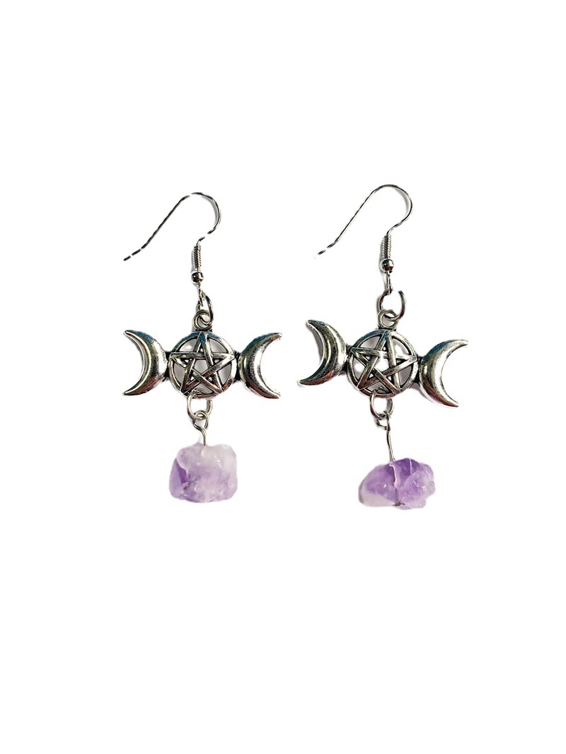 Cross-border Foreign Trade Fashionable Triple Moon Goddess Purple Irregular Crystal Dangling Earrings Factory Direct Sales_voghion.com